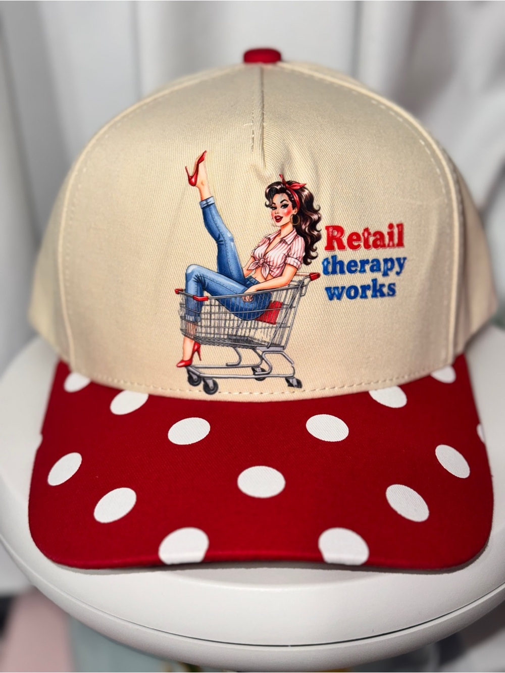 'Retail Therapy Works' Polka Dot Canvas Trucker Hat